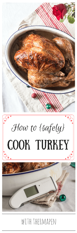 How to Safely Cook Turkey roast turkey in a roasting tin with a rose beside