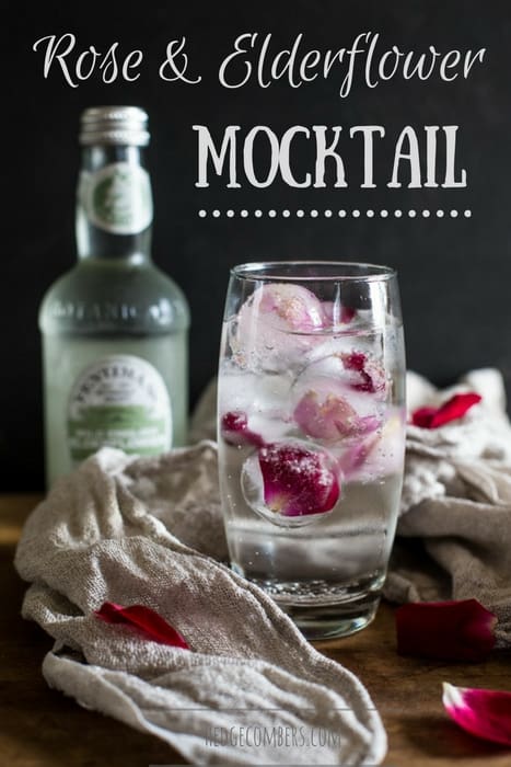 Rose and Elderflower Mocktailover ice in a tall glass with bottle of tonic and rose petals