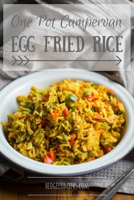 One Pot Campervan Egg Fried Rice in a white bowl on a grey cloth