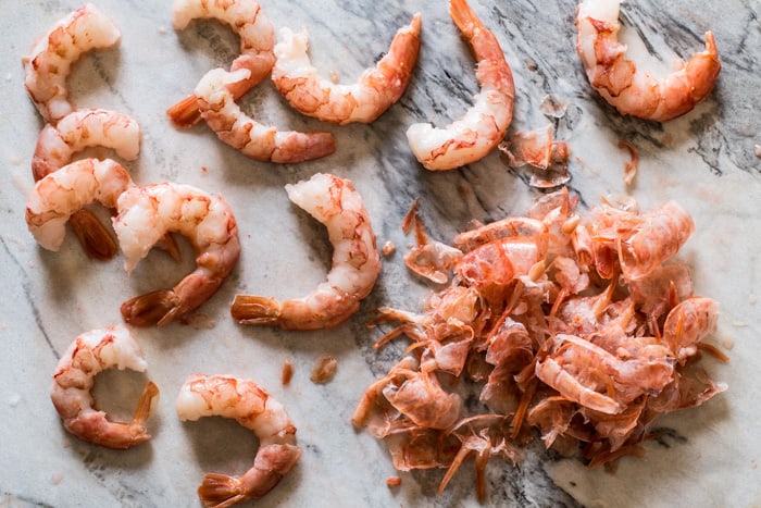 Argentinian Red Shrimp on a marble board to make Red Shrimp Tempura with Spicy Soy Dipping Sauce