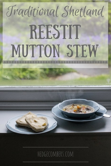 Traditional Shetland Reestit Mutton Stew a white bowl on a window ledge beside a plate with a buttered bannock