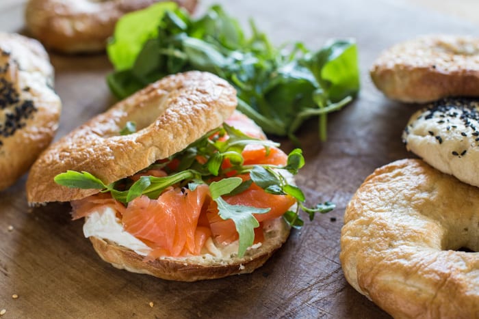 New York Bagel /recipe filled with smoked salmon,cream cheese and mixed leaves