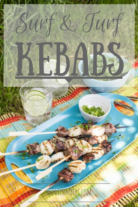 Surf and Turf Kebabs on a blue platter