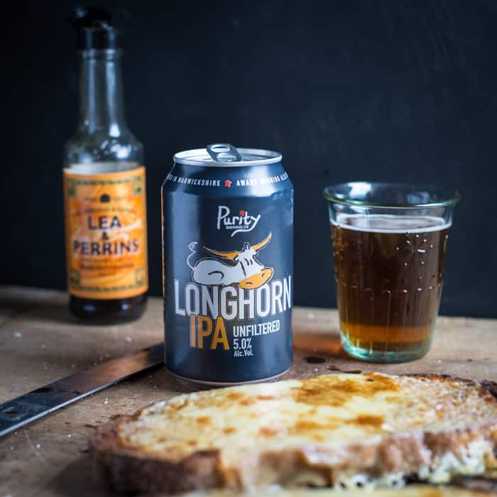 Can of Longhorn IPA beer with cheese on toast