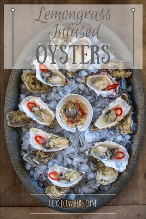 A tray of Lemongrass Infused Oysters resting on ice