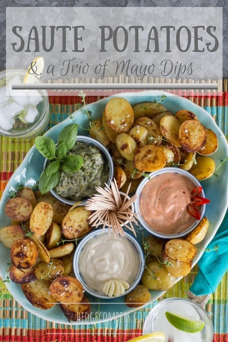 pale blue platter with 3 bowls of different flavoured mayo, cocktail sticks and crispy saute potatoes