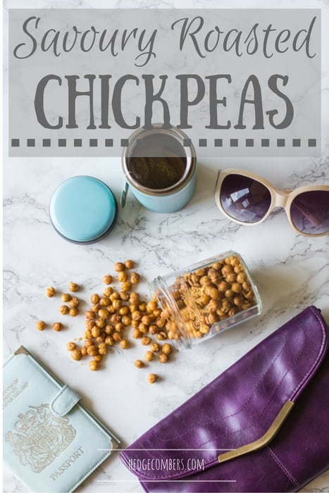 Savoury Roasted Chickpeas in a glass jar with some travel related items, one of my 25 Homemade Christmas Gift Ideas