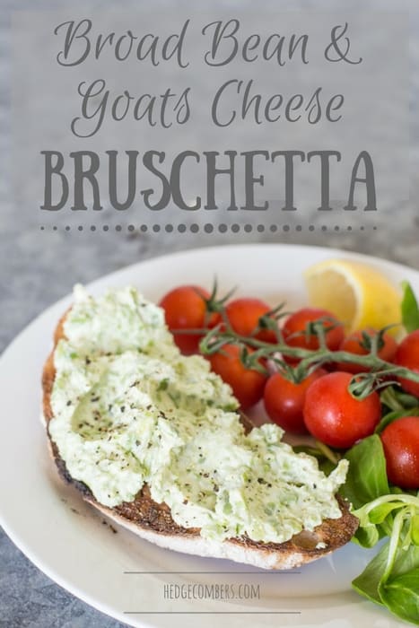 Broad Bean and Goats Cheese Bruschetta on a white plate with vine Tomatoes