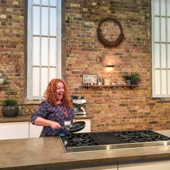 Jane Sarchet on the Saturday Kitchen set holding the famous omelette pan!