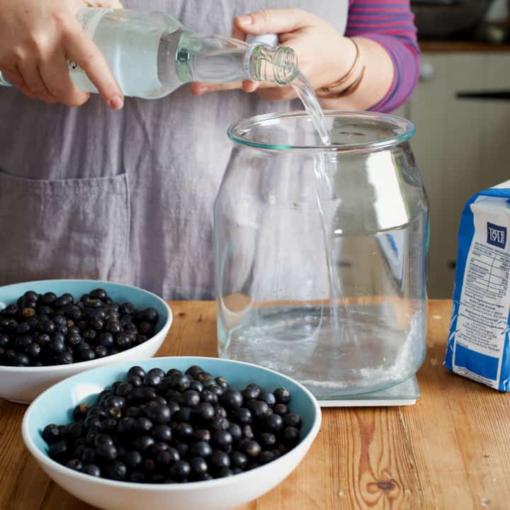 Woman in grey pouring vodka into a large glass jar behind two blue bowls of wild sloes