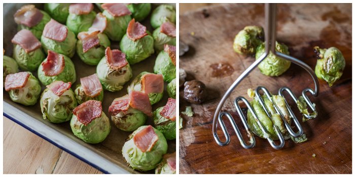 Smashed Roast Sprouts with Bacon and Chestnuts rady for smashing with a potatomasher