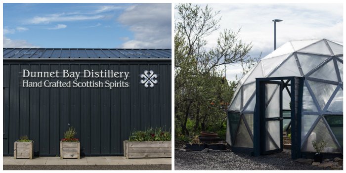 Dunnet Bay Distillery with a bright blue sky and geo design dom for growing botanicals