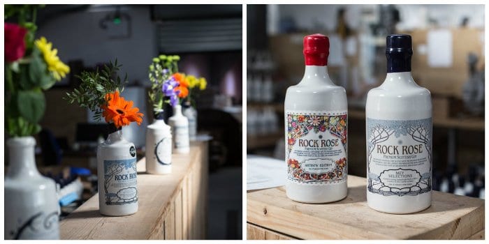 The beautiful bottles being used as vases at Dunnet Bay Distillery