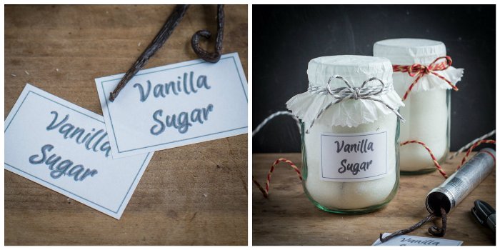 making homemade vanilla sugar in glass jars with hand written labels
