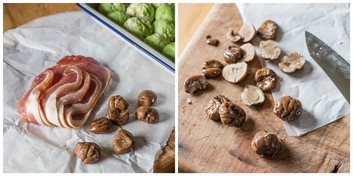 Ingredients for Smashed Roast Sprouts with Bacon and Chestnuts