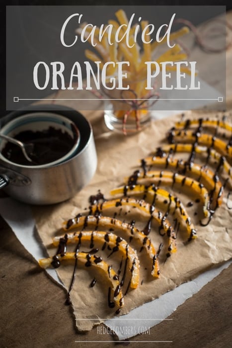 Freshly made Candied Orange Peel being drizzled with melted chocolate