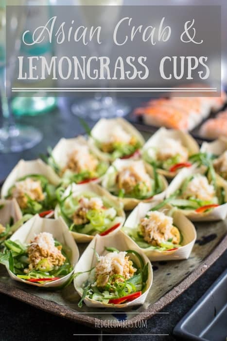 A party platter of crab and lemongrass salad served in little bamboo cups