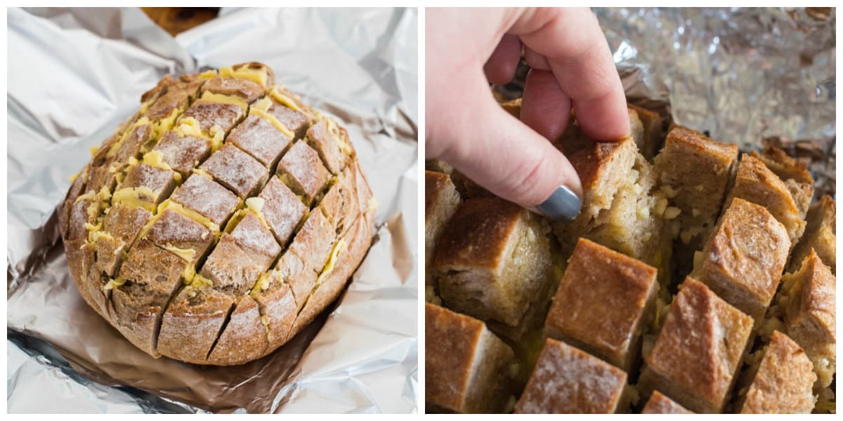 before & after images of Garlic Hedgehog Sourdough Bread