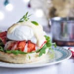 Lobster tail, poached eggs and Hollandaise sauce on a toasted English muffin