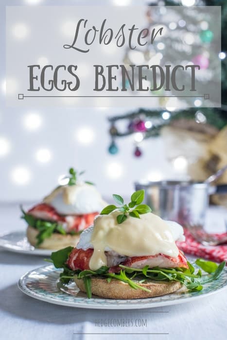 Lobster Eggs Benedict on china plates with christmas decorations