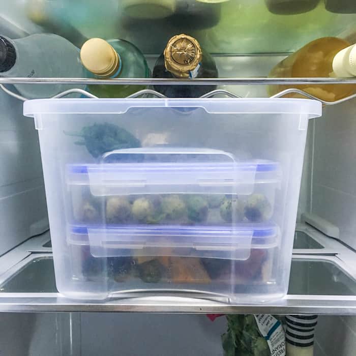 giant plastic food storage tub that lives in the fridge with ready washed and prepared vegetables to make quick healthy meal choices easier