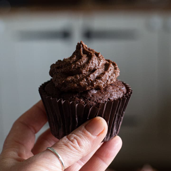 womans hand holding a fresh chocolate muffin topped with chocolate frosting
