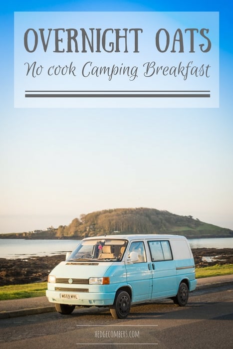 Overnight Oats being enjoyed in a Campervan in early morning light parked with the ocean and Looe Island behind