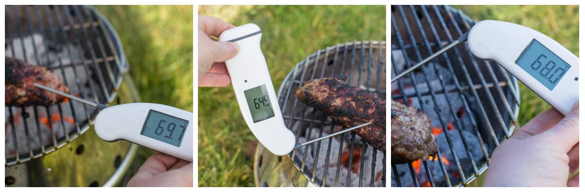 3 pictures showing a digital thermometer being used to check a piece of BBQ Pork Tenderloin to see if it's cooked.