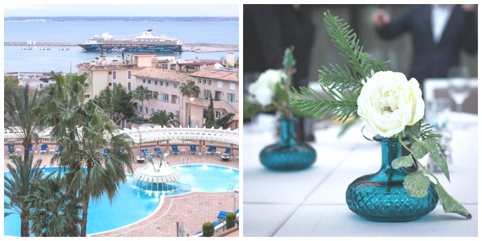 the hotel view out over the cruise ships in Palma harbour and a white flower in a blue glass vase