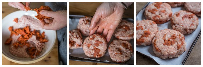 the 3 stages to make a sobrasada burger: the pork mixture in a bowl being shaped by hand and a tray of burger ready to cook