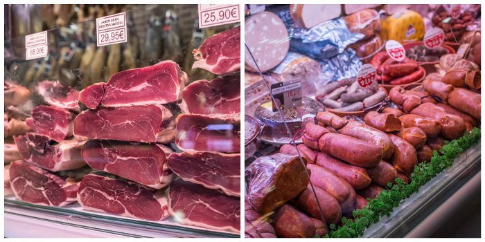 Cured meats at a Majorcan market deli stall