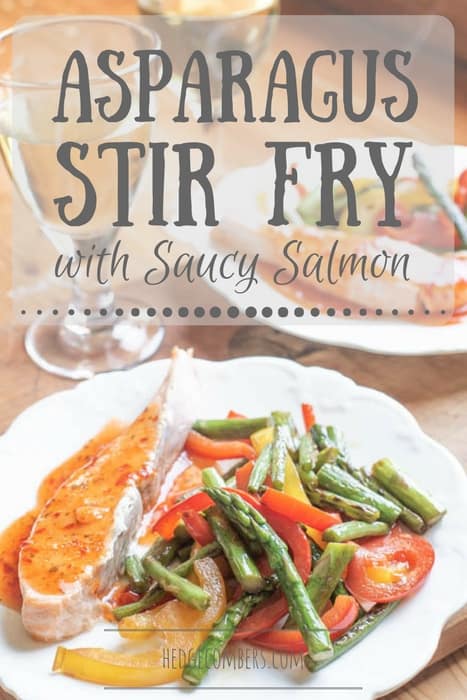 White plate with salmon fillet and asparagus stir fry