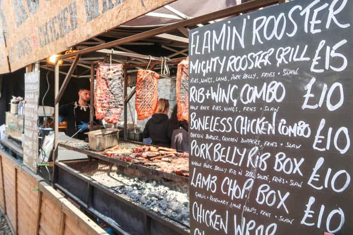 BBQ ribs hanging in street food stall