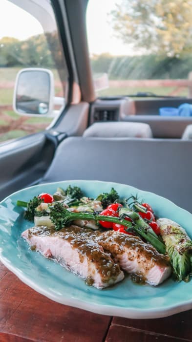 turquoise plate with salmon and veggies on a table in a campervan 