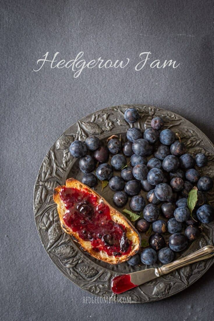 slow and blackberry jam spread on a piece of sourdough toast with fresh damsons, a pewter plate and dark background