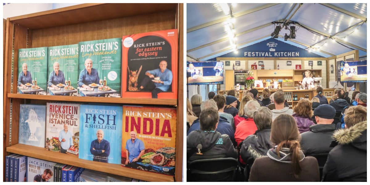 Cook books and the Chef demo stage at Padstow Christmas Festival