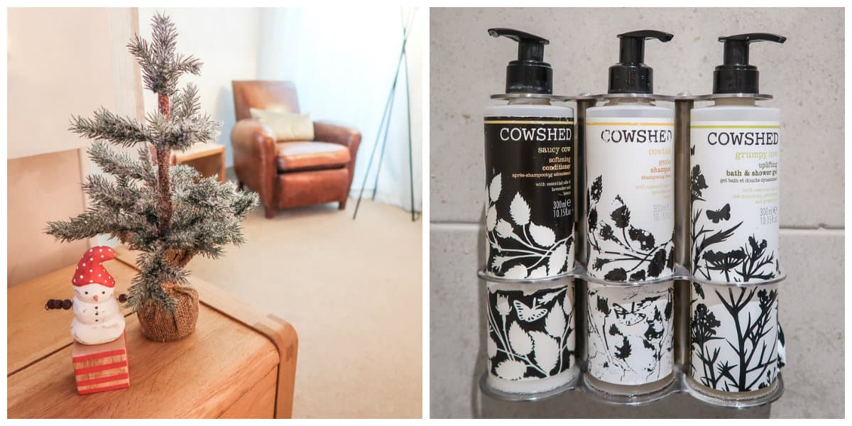 hotel room shots of beautiful brown leather chairs and gorgeous products from the Cowshed spa