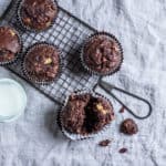 neutral background with 5 banana chocolate muffins and a glass of milk