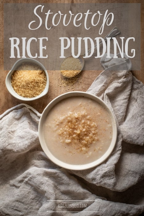 rustic white bowl filled with easy stovetop rice pudding and sprinkled with brown sugar and cinnamon