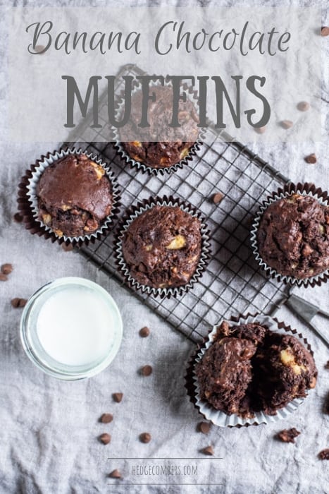 neutral background with 5 banana chocolate muffins and a glass of milk