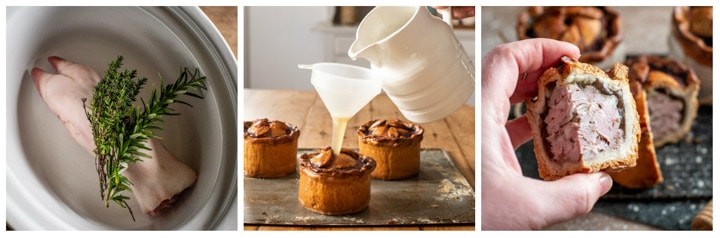 3 images showing the different stages of making British pork pie jelly using a pigs trotter and herbs