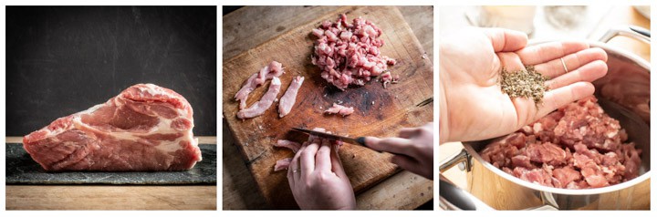 collage of 3 pics, 1 is a piece of pork shoulder, 1 is a close up of hands chopping pork meat on a wooden board and 1 is a hand holding herbs over the bowl of pork pie filling