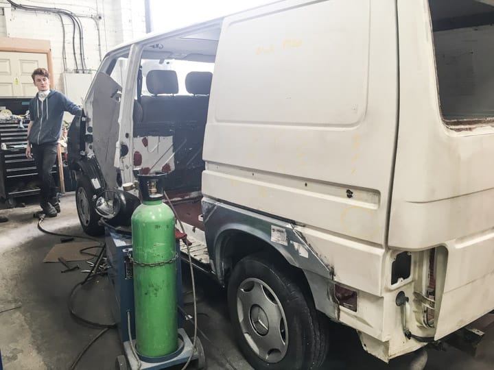 VW campervan during restoration of bodywork