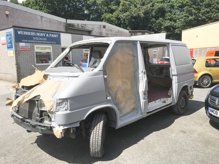 VW campervan during restoration of bodywork