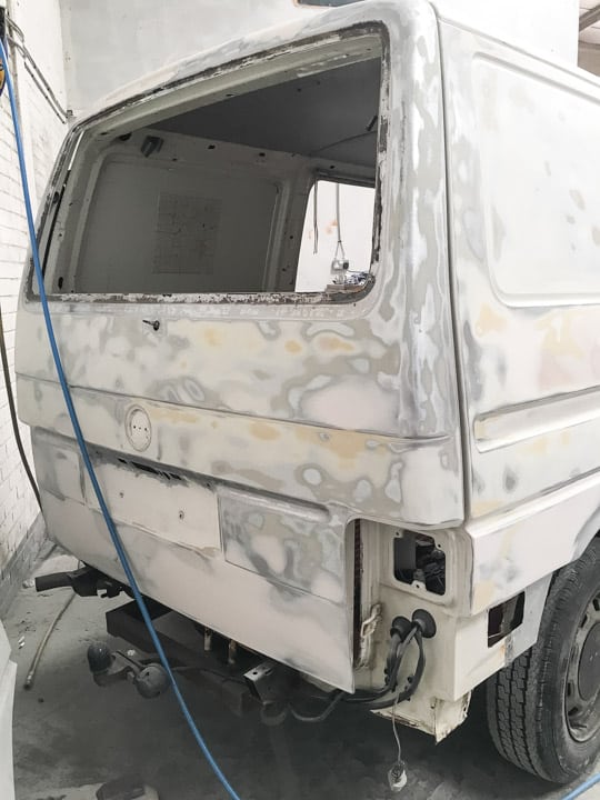 VW campervan during restoration of bodywork