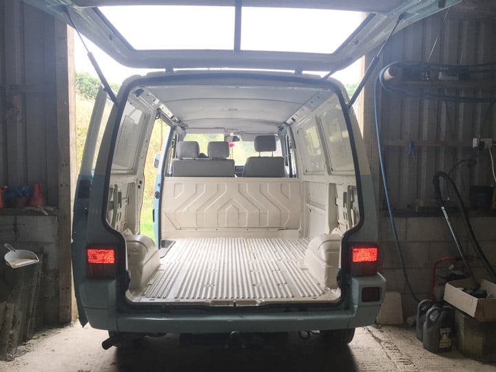 interior of VW T4 ready to be converted as a campervan