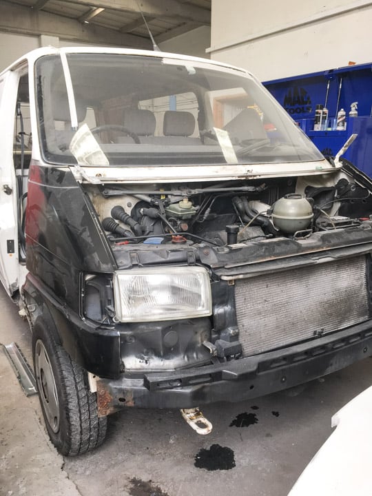 VW campervan during restoration of bodywork