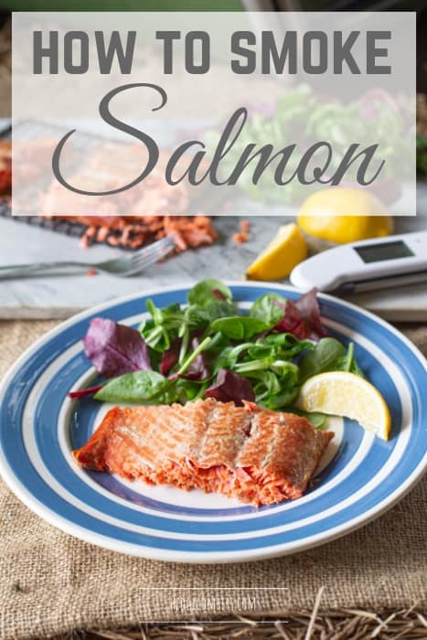 Hot smoked salmon served on a blue and white plate with title 'how to smoke salmon'