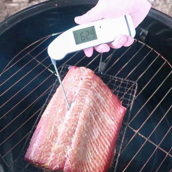 A piece of wild caught salmon in a smoker with a white digital thermometer in the flesh reading the internal temperature