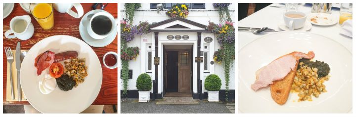 3 images of food in Wales - 2 Welsh breakfasts and a pretty hotel entrance